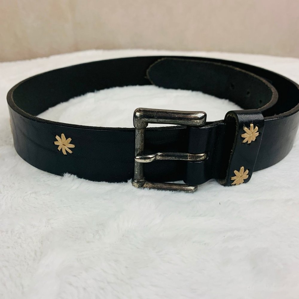 Vintage Gap Leather Black Belt with Embroidered Flowers